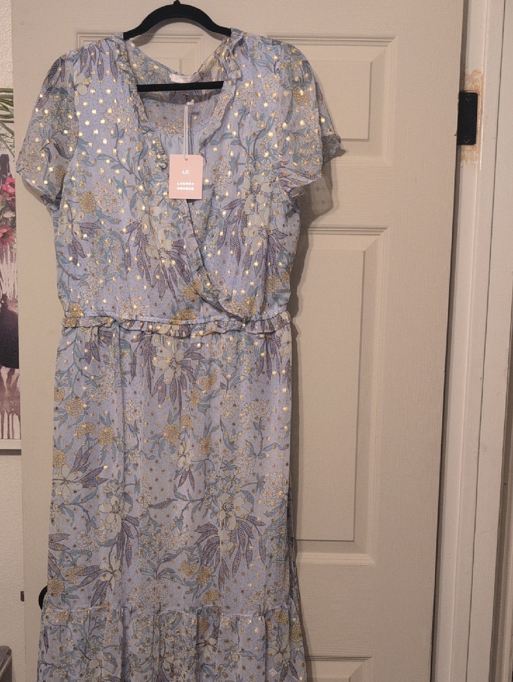 LC Lauren Conrad Light Blue Floral Dress with Gold Foil